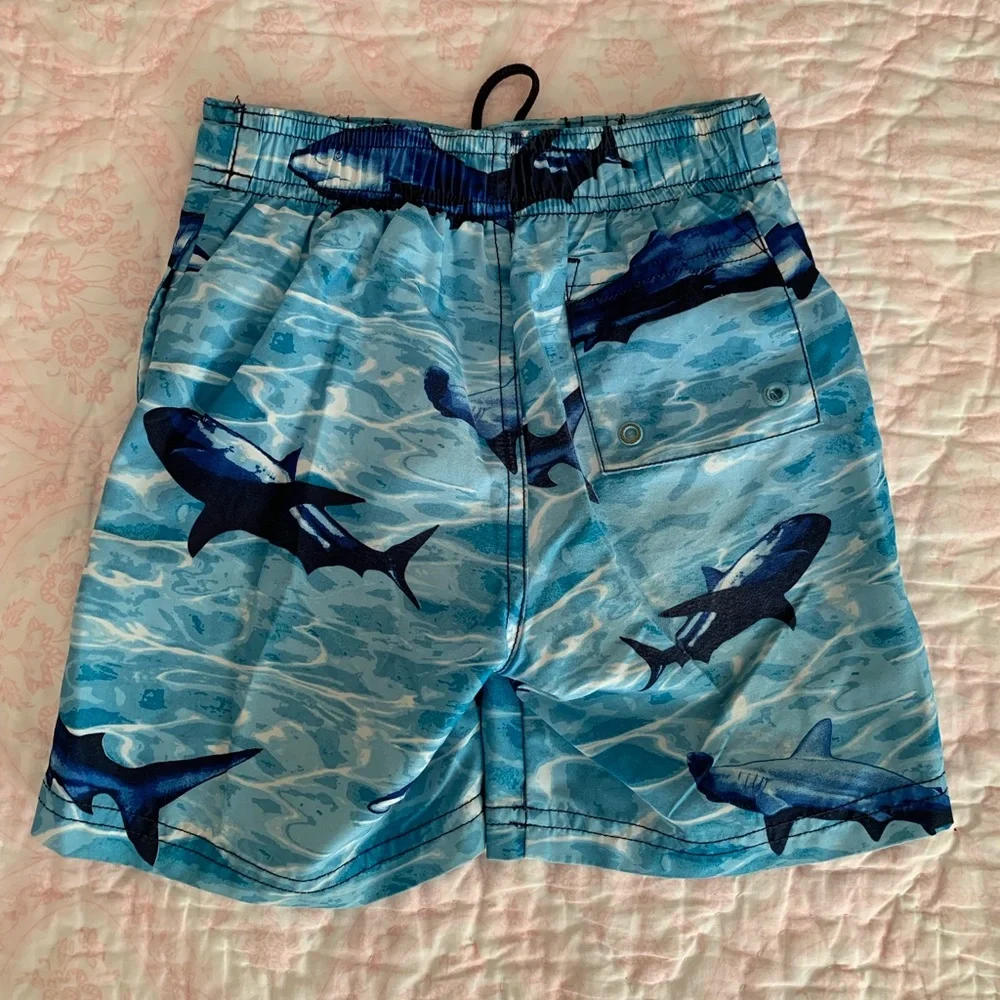 Gymboree 3 PC Swimsuit Set Baby Boys Size 18-24M Blue Trunks Shirt Hat Shark
